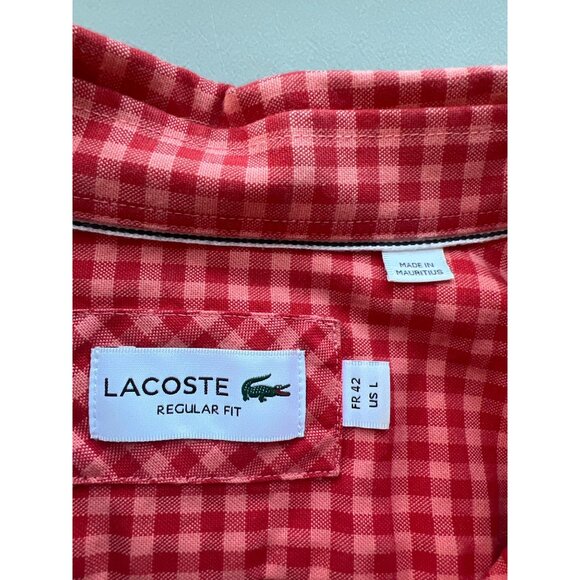 Lacoste Shirt Size Large Regular Fit Button Front Long Sleeve Gingham Cotton Red - Picture 4 of 9